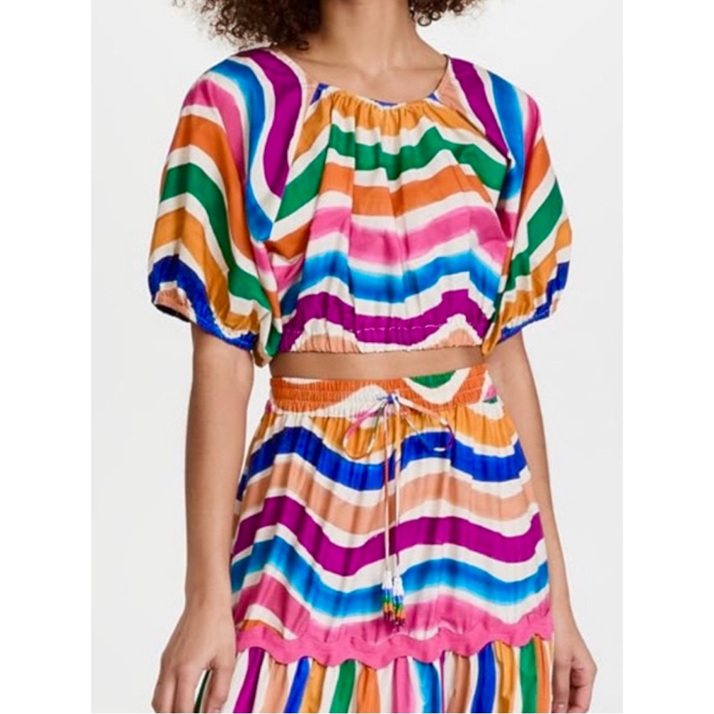Farm Rio Dancing Stripes Crop Top Colorful Puff Sleeves Tropical Summer Vacation